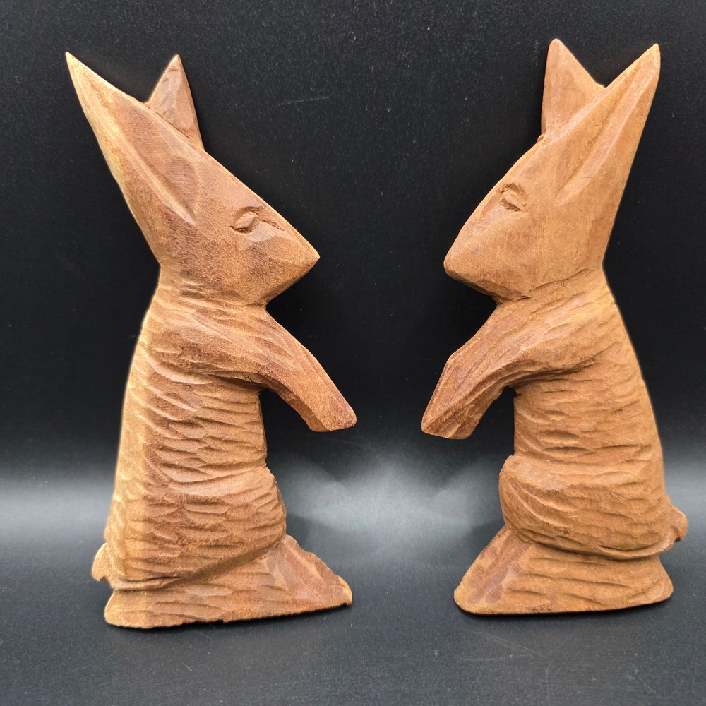 Hand Carved Wooden Rabbit Magnets Pair‎ Rustic Folk Art Standing Bunny Decor